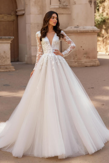 Ivory A-Line V-Neck Long Sleeves Court Train Wedding Dress With Lace